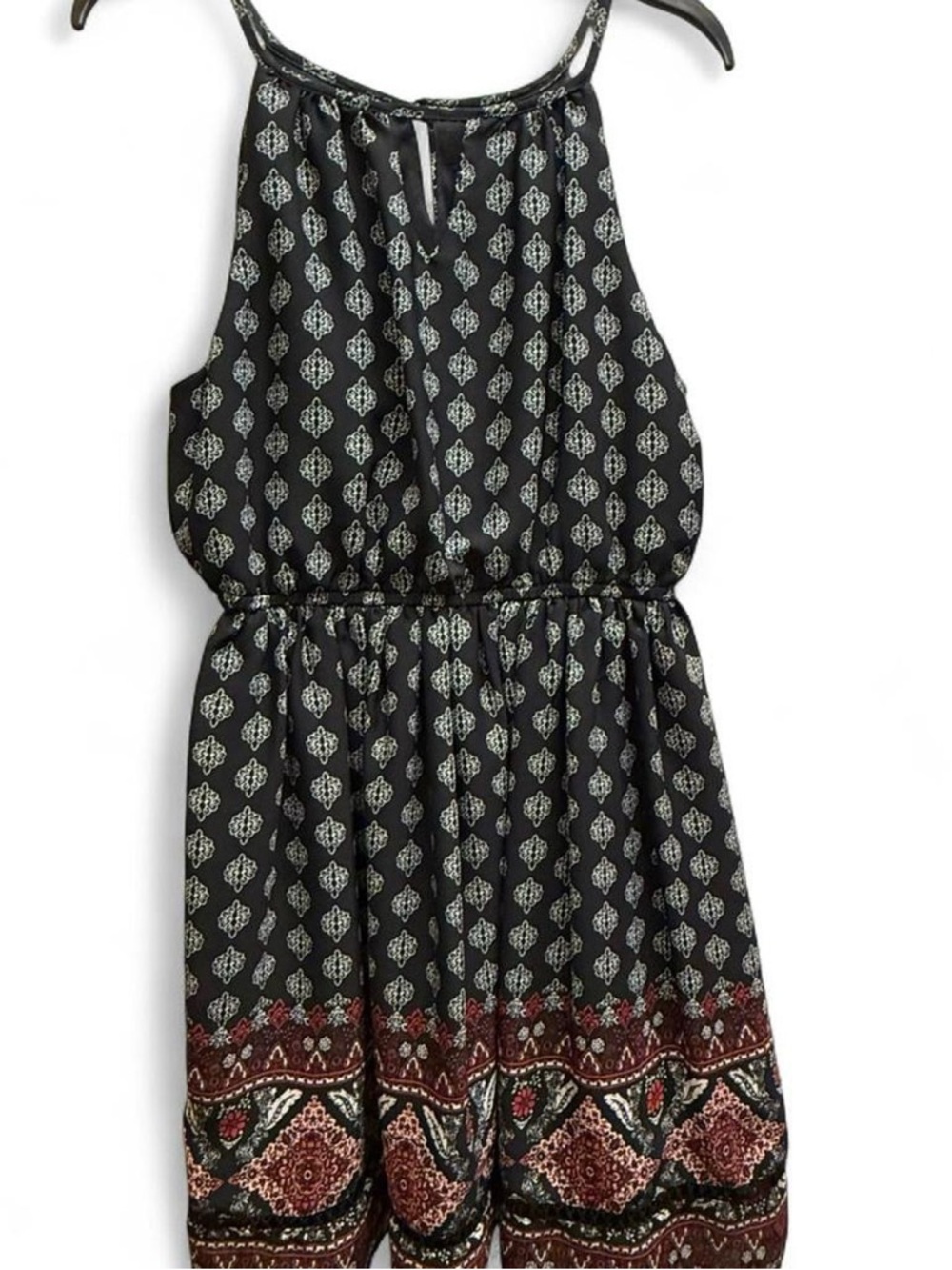 Black Patterned Halter Dress with Border Print